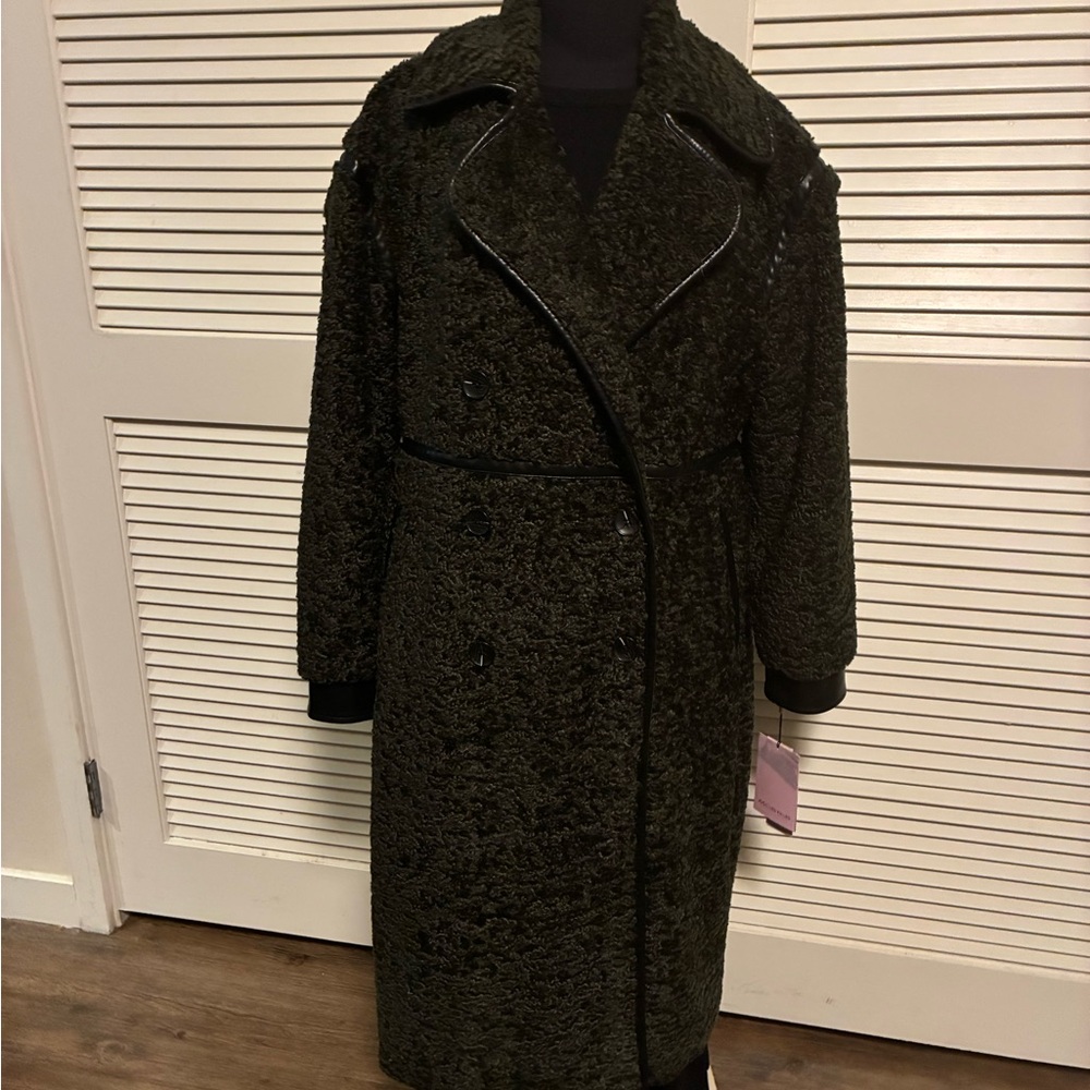 Womens Long Faux-Shearling Coat - Dark Olive